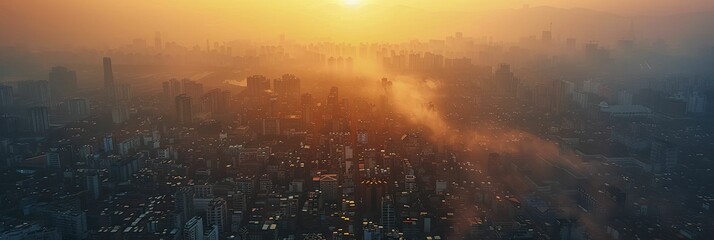 Minimalist aerial shot of an urban setting transitioning from open land to crowded buildings under an evening haze.
