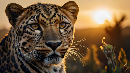  a leopard in a natural habitat during what appears to be either sunrise or sunset, given the warm golden light illuminating the scene. The leopard is the central subject of the photograph, positioned