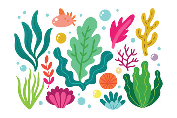 Colorful Underwater Seaweed, Coral, Fish, and Bubbles Vector Illustration Set