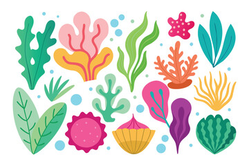 Colorful underwater plants, coral reef elements and marine life vector set