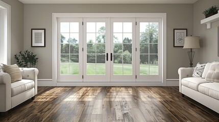 Interior of a living room with a large patio door overlooking the garden