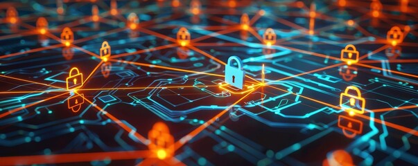 A network of computers connected with glowing, secure lines, with a padlock symbolizing encryption floating above them