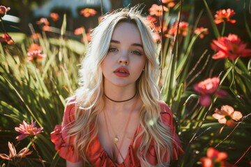 Naklejka premium Portrait of a Young Woman with Striking Blue Eyes and Blonde Wavy Hair 