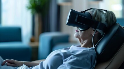 A patient wearing a VR headset in a therapy session, where AI algorithms help treat psychological conditions