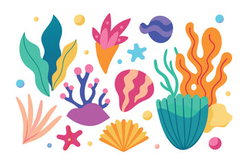 Colorful underwater plants and sea creatures vector set in flat design style