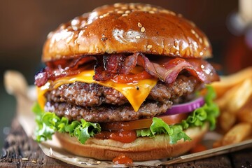 Massive Stacked Cheeseburger with Multiple Beef Patties and Fresh Vegetables
