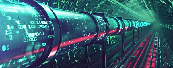 A scenario where digital data flows through a pipeline, with a firewall acting as a filter that cleanses the data from any malware