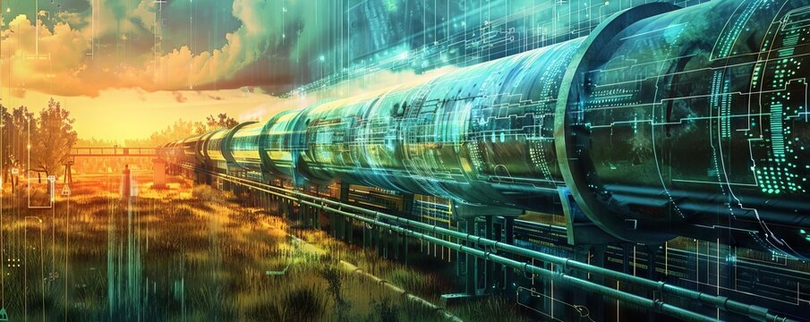 A scenario where digital data flows through a pipeline, with a firewall acting as a filter that cleanses the data from any malware