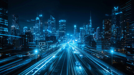 Fototapeta premium Blazing Neon Trails in a Cybernetic Cityscape, High-Speed Digital Network City in Neon Blue