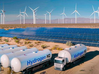 A truck transporting Hydrogen is parked next to a row of wind turbines and a solar farm.