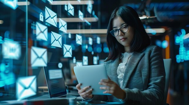 A scene showing a businesswoman checking her email with a background cybersecurity system alerting to potential phishing emails