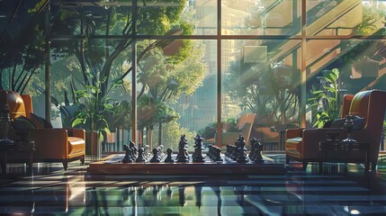 A serene setting of a strategy retreat where top executives ponder over chess pieces on a board, planning their next move in investor relations