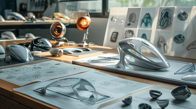 A sequence showing the evolution of a product design from concept sketches to the final model, emphasizing the design optimization process