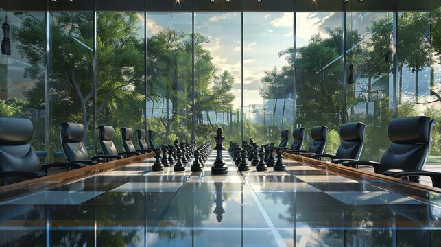 A serene setting of a strategy retreat where top executives ponder over chess pieces on a board, planning their next move in investor relations