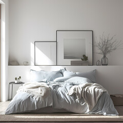 Experience Elegance in a Modern Minimalist Bedroom with Chic Decor & Comfortable Blue Bedding