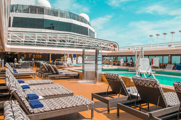Lounge chairs on a cruise ship going to the Caribbean