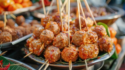 Fried Pork Balls in Skewers with Fry Chili Spicy Sauce