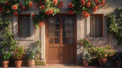 Fototapeta premium Wooden door with flowers in pots on the street of an old house