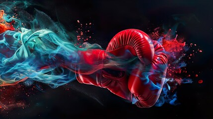 Fist punching boxing red glove with splash of flowing multicolored liquid paint on dark background. Sport hit hook kick knock box sparring competition concept. Creative artwork design.
