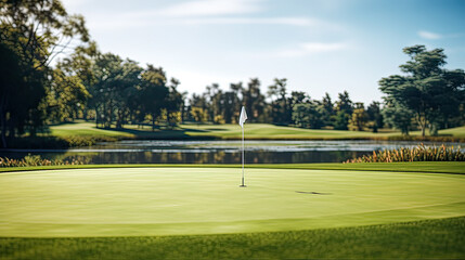 Fototapeta premium Outdoor golfing venue with vibrant greenery, championship tournament and refreshing natural ambiance