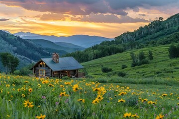 cozy log cabin nestled in wildflower meadow serene sunrise beckons tranquil escape to natures embrace landscape photography