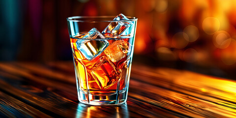 A glass with ice cubes filled with a dark liquid, possibly whiskey or cola, placed on a wooden surface with blurred background lights.