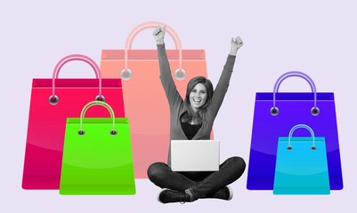 Creative collage of happy girl order shop with shopping  bags