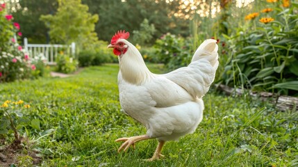 Fototapeta premium Free range white leghorn chickens in the summer garden