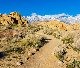 The Arch Loop Trail Leads Through The Alabama Hills and The Snow Capped Sierra Nevada Range, Alabama Hills National Scenic Area, California, USA