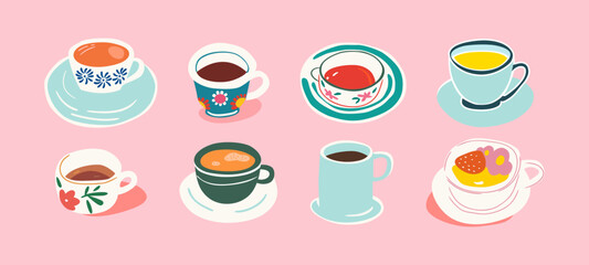 Set of hand drawn vintage coffee mug doodles. Breakfast tea cup illustration collection with retro floral pattern, fine china hot drink clip art bundle. Decoration element drawing, flat cartoon.