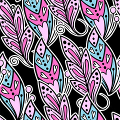 Seamless pattern with abstract leaves print. Creative texture for fabric, wrapping, textile, wallpaper, apparel. Bright Vector illustration on pink background