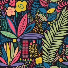 Colorful retro nature plant leaf seamless pattern. Vintage tropical jungle flower garden background, green natural scandinavian art wallpaper print.