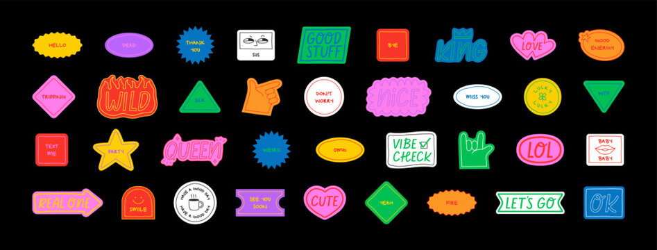 Naklejki Set of fun colorful sticker illustration. Retro 90s style hand drawn doodle quote label collection, funny chat text icon with modern slang and positive words. Isolated flat cartoon clip art bundle.