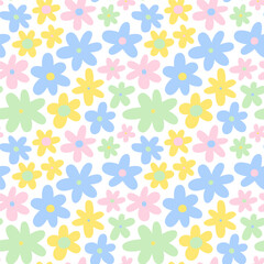 Colorful floral seamless pattern illustration. Vintage flower background art design. Retro pastel color spring artwork, groovy seventies nature backdrop with hippie flowers.