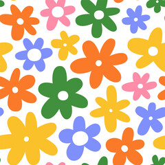 Colorful flower seamless pattern illustration. Children style floral doodle background, funny basic nature shapes wallpaper.