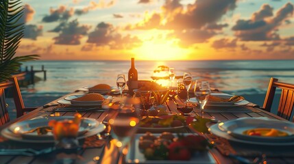 1d a full shot of a big table of afternoon sunset in beach
