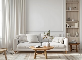 Scandinavian interior design of a modern living room with a sofa, wooden coffee table and white walls