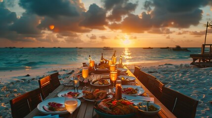 1d a full shot of a big table of afternoon sunset in beach