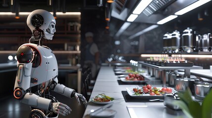 An image of a robot chef in a restaurant kitchen, preparing meals perfectly timed and executed, showcasing culinary precision