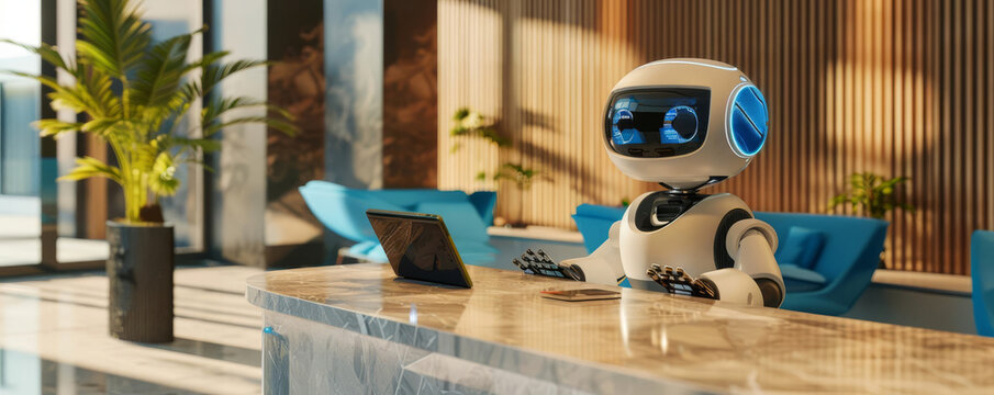 An image of a robot sitting at a reception desk, greeting visitors with an interactive touch screen interface