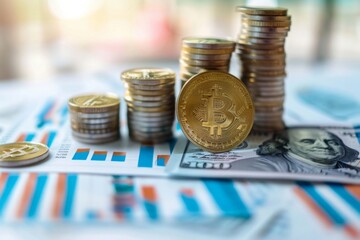 Golden Bitcoin lies on the banknotes.New virtual money. Crypto currency top view. Real coins of bitcoin on banknotes of one hundred dollars. Exchange, commercial. online business concept.