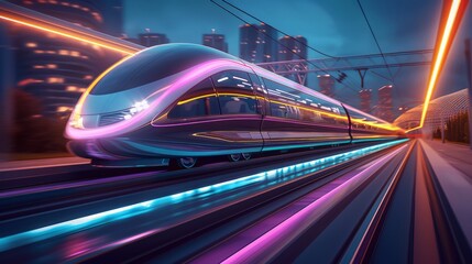 Fototapeta premium A sleek, futuristic train speeds along a vibrant track through a modern cityscape at dusk, highlighted by dynamic neon lighting.