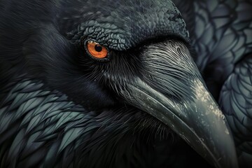 Obraz premium majestic black raven with piercing orange eyes captivating closeup portrait digital art
