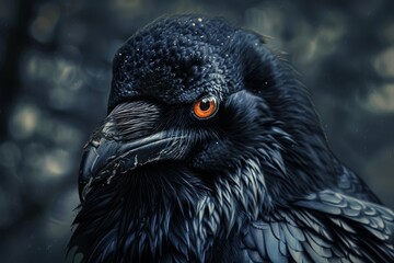 majestic black raven with piercing orange eyes captivating closeup portrait digital art