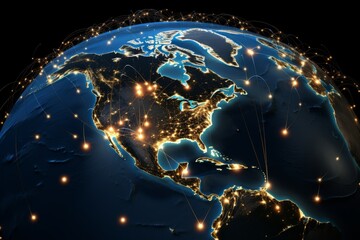 Illuminated network lines and glowing nodes overlaying North America on a globe at night