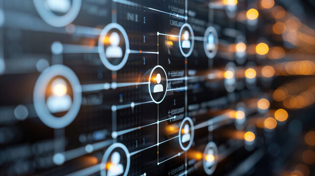 A digital network depicting interconnected people on a computer screen, symbolizing online communication and relationships
