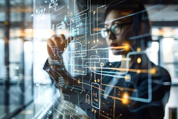 A business professional drawing a complex flowchart on a glass wall, representing strategic planning and operational excellence