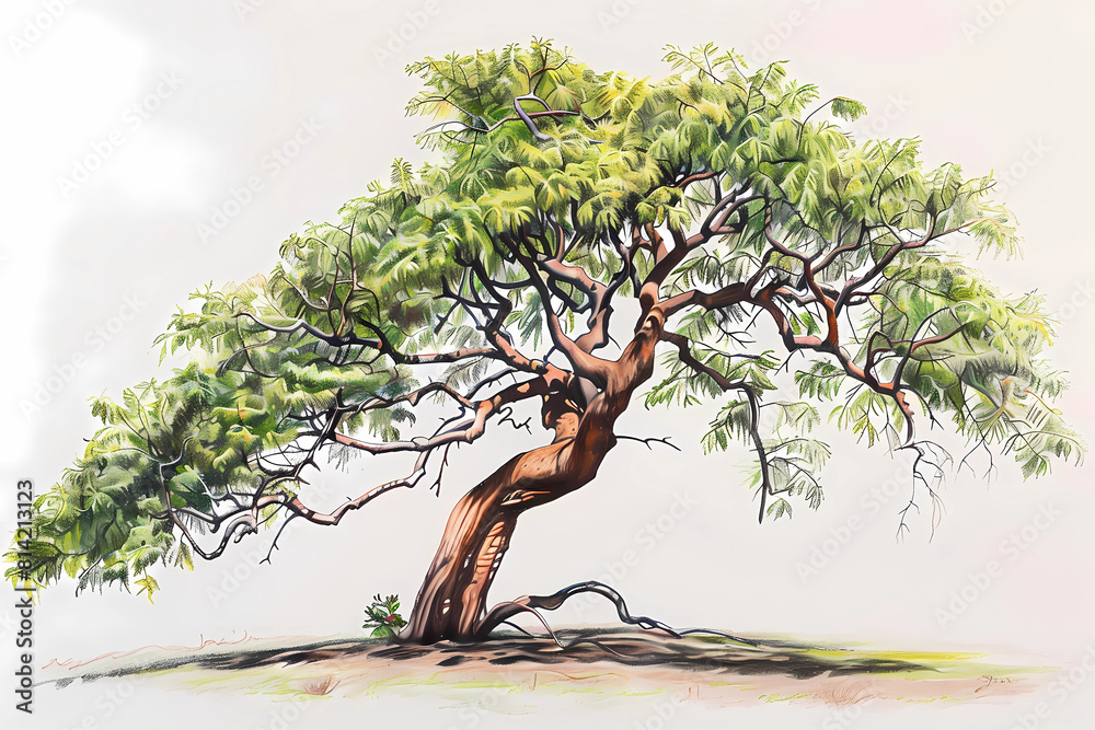 Sticker Acacia (Acacia) (Colored Pencil) - Africa, Australia, and Americas - thorny trees or shrubs with feathery leaves. They are adaptable to arid conditions and provide shade and forage for animals 