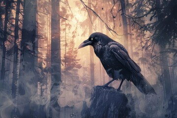 mystical raven in enchanted forest dusky hues and glowing eyes watercolor render