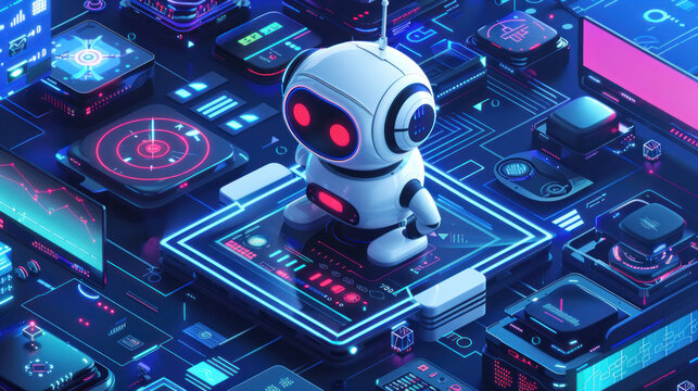Robot futuristic background. Machine in neon cyberspace, future technology. Artificial intelligence in digital space, virtual glowing interface innovation.